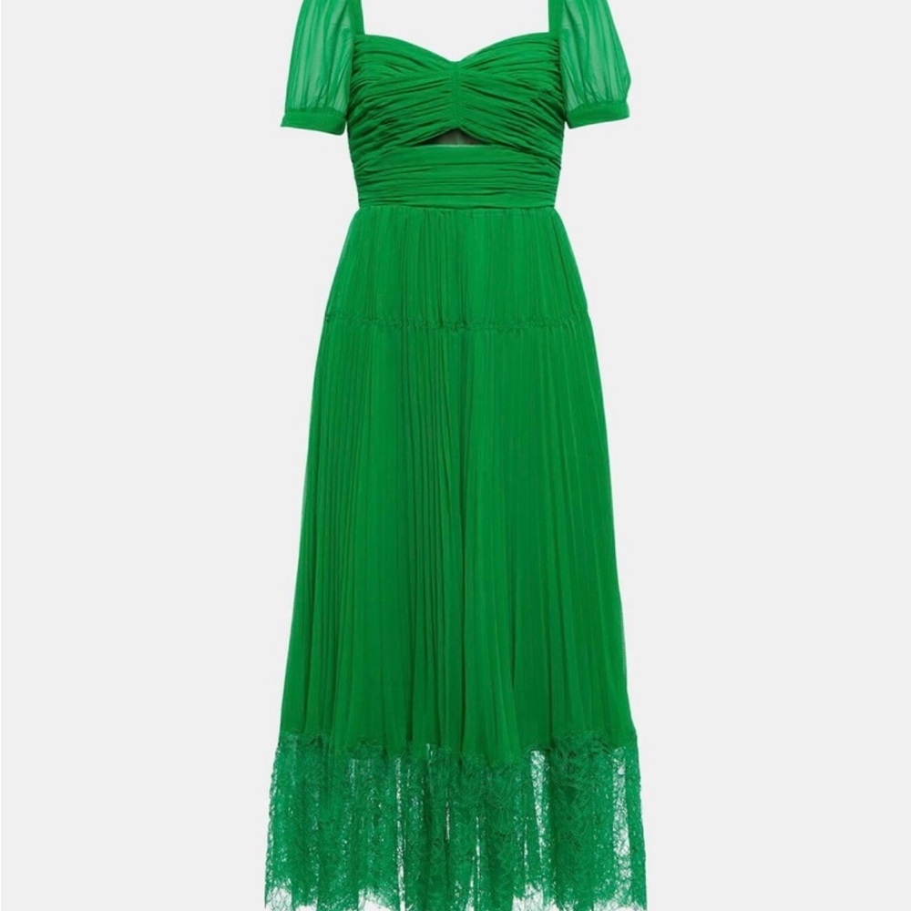 SELF-PORTRAIT Corded Lace Trimmed Cutout Pleated Chiffon Midi Dress Size 12US